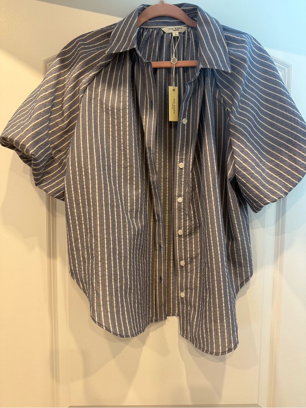 Max Studio Blue and White Vertical Stripe Short-Sleeve Button-Up Shirt